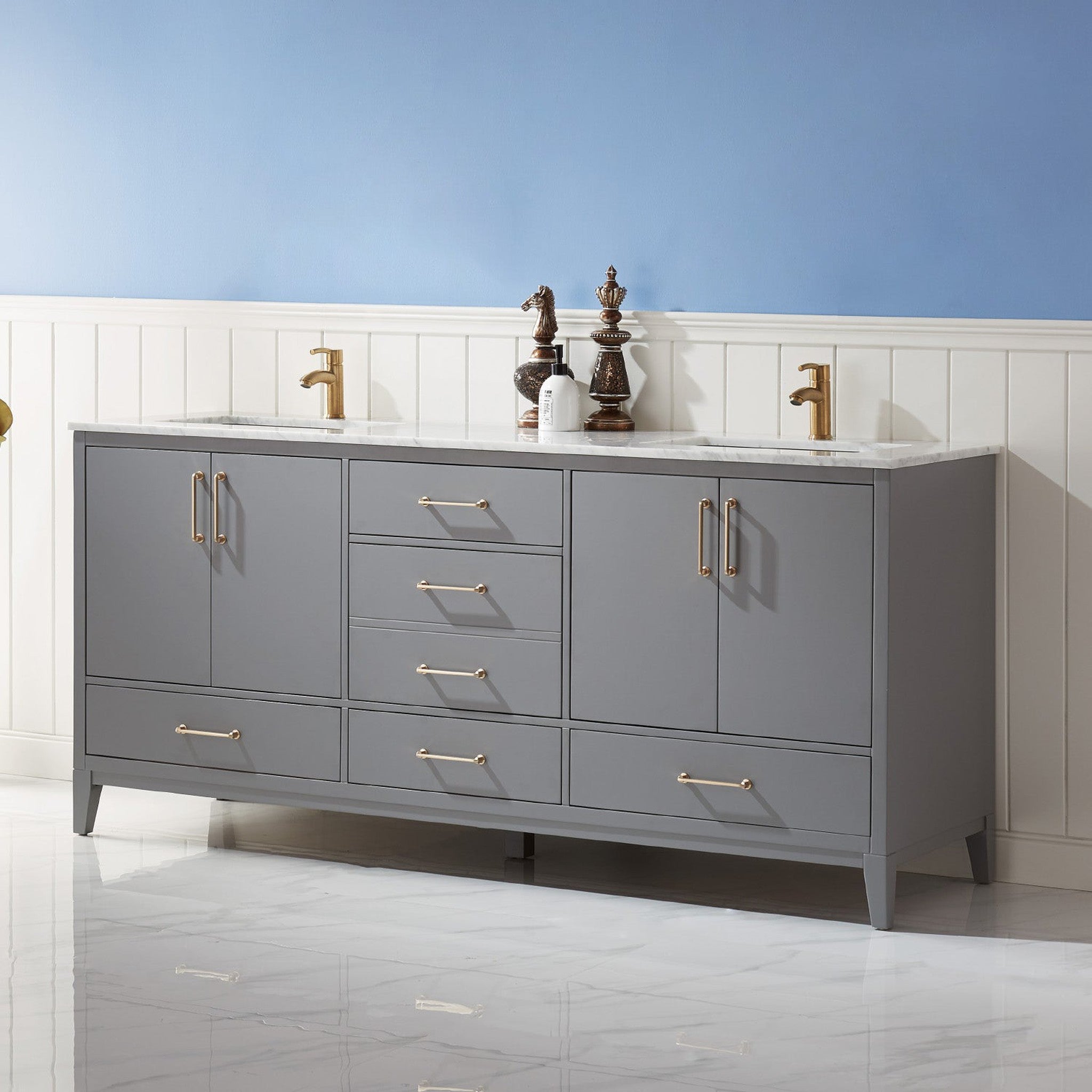 Sutton 72" Double Bathroom Vanity Set in Gray and Carrara White Marble Countertop without Mirror