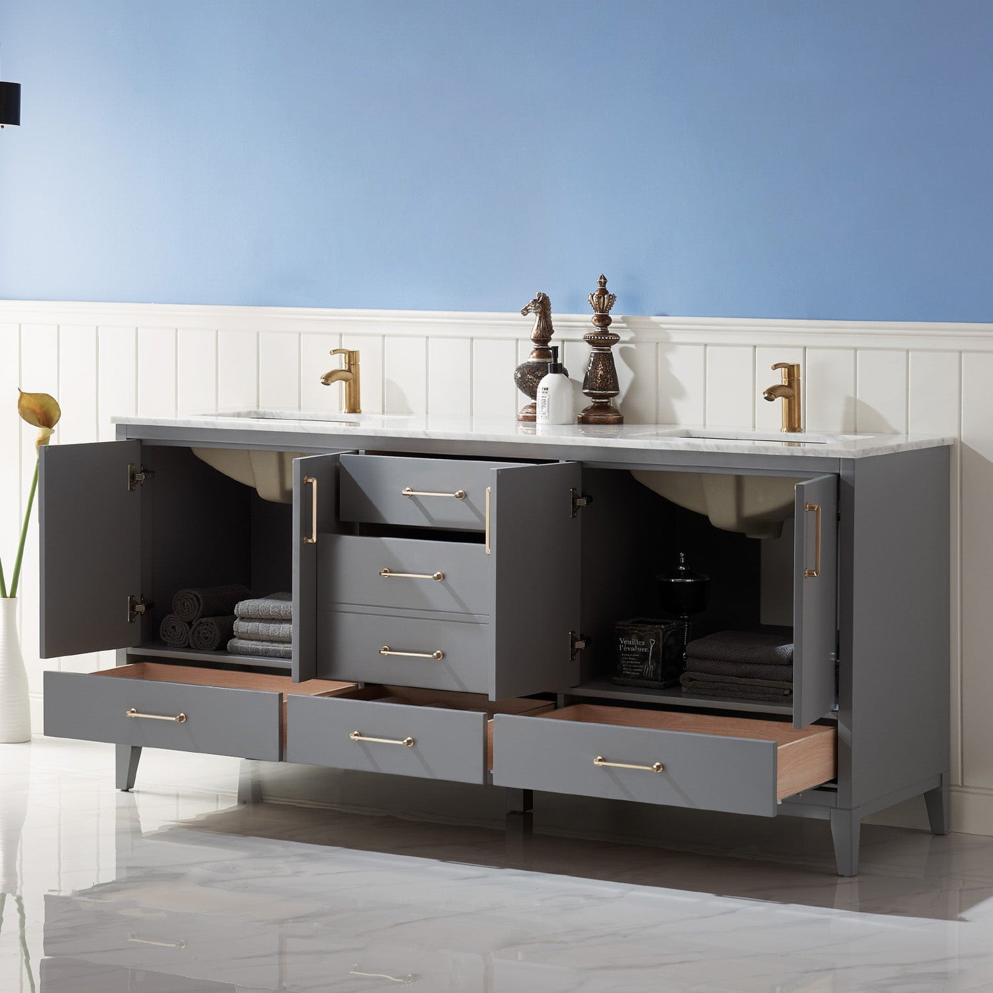 Sutton 72" Double Bathroom Vanity Set in Gray and Carrara White Marble Countertop without Mirror