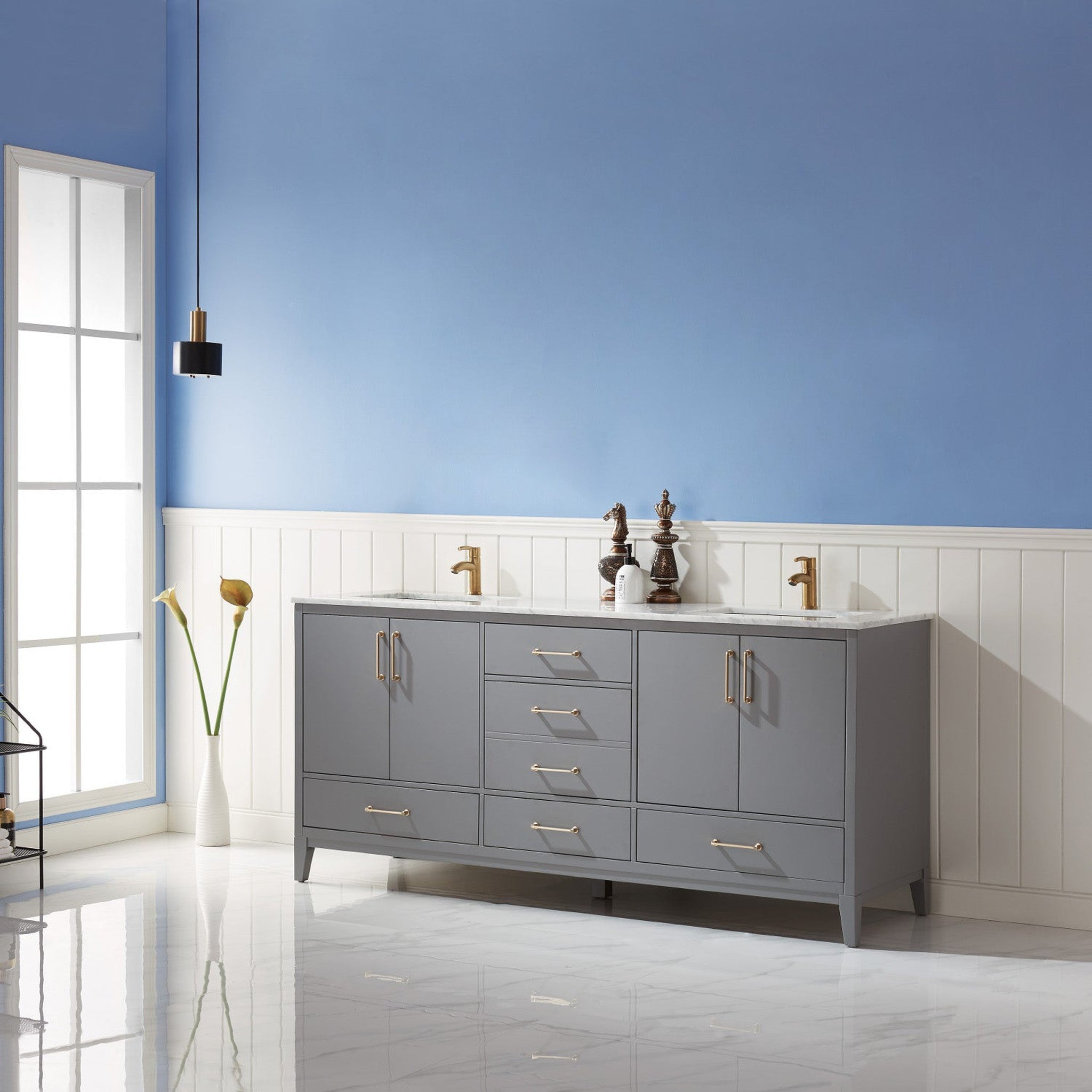 Sutton 72" Double Bathroom Vanity Set in Gray and Carrara White Marble Countertop without Mirror