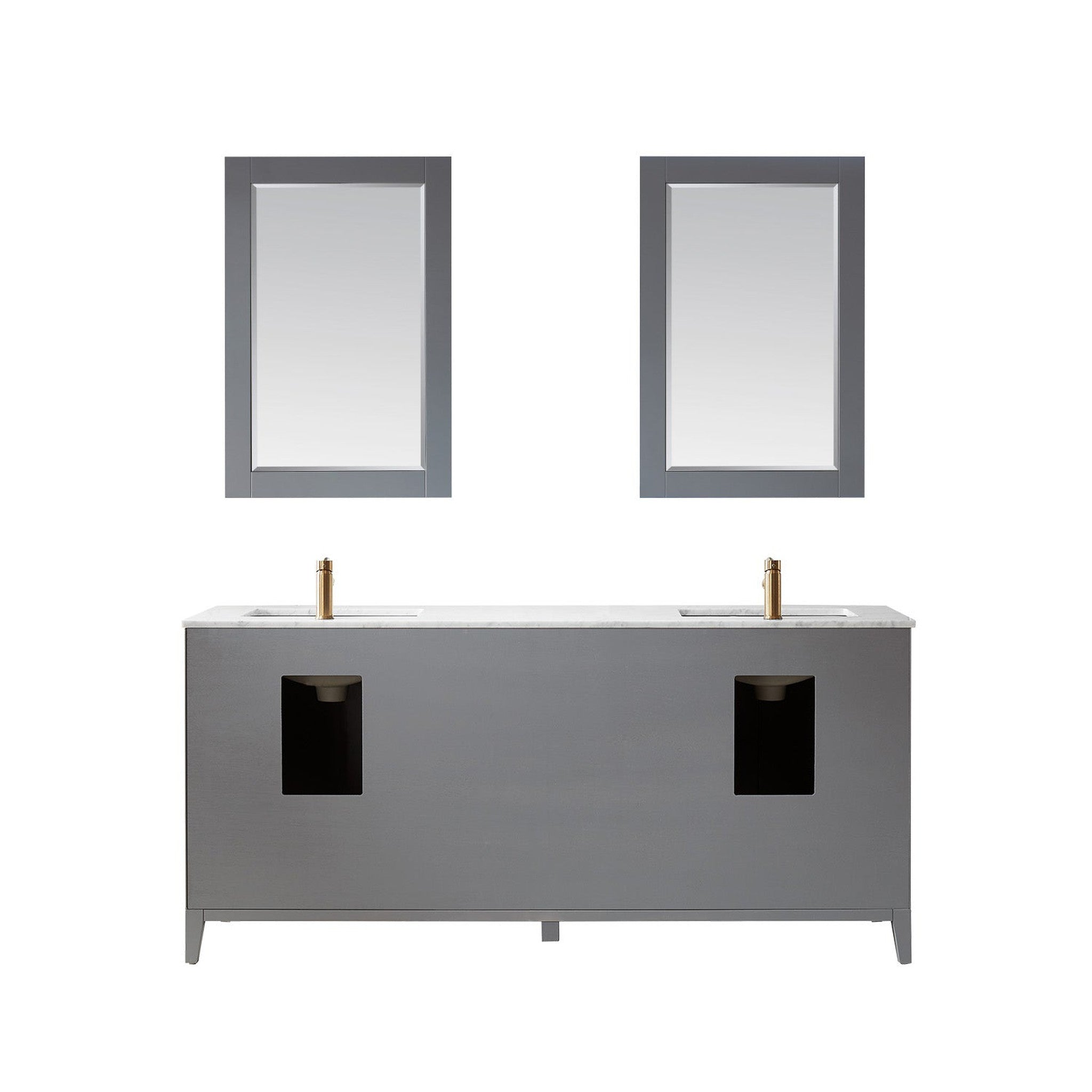 Sutton 72" Double Bathroom Vanity Set in Gray and Carrara White Marble Countertop with Mirror