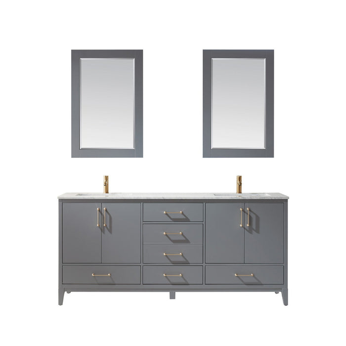 Sutton 72" Double Bathroom Vanity Set in Gray and Carrara White Marble Countertop with Mirror
