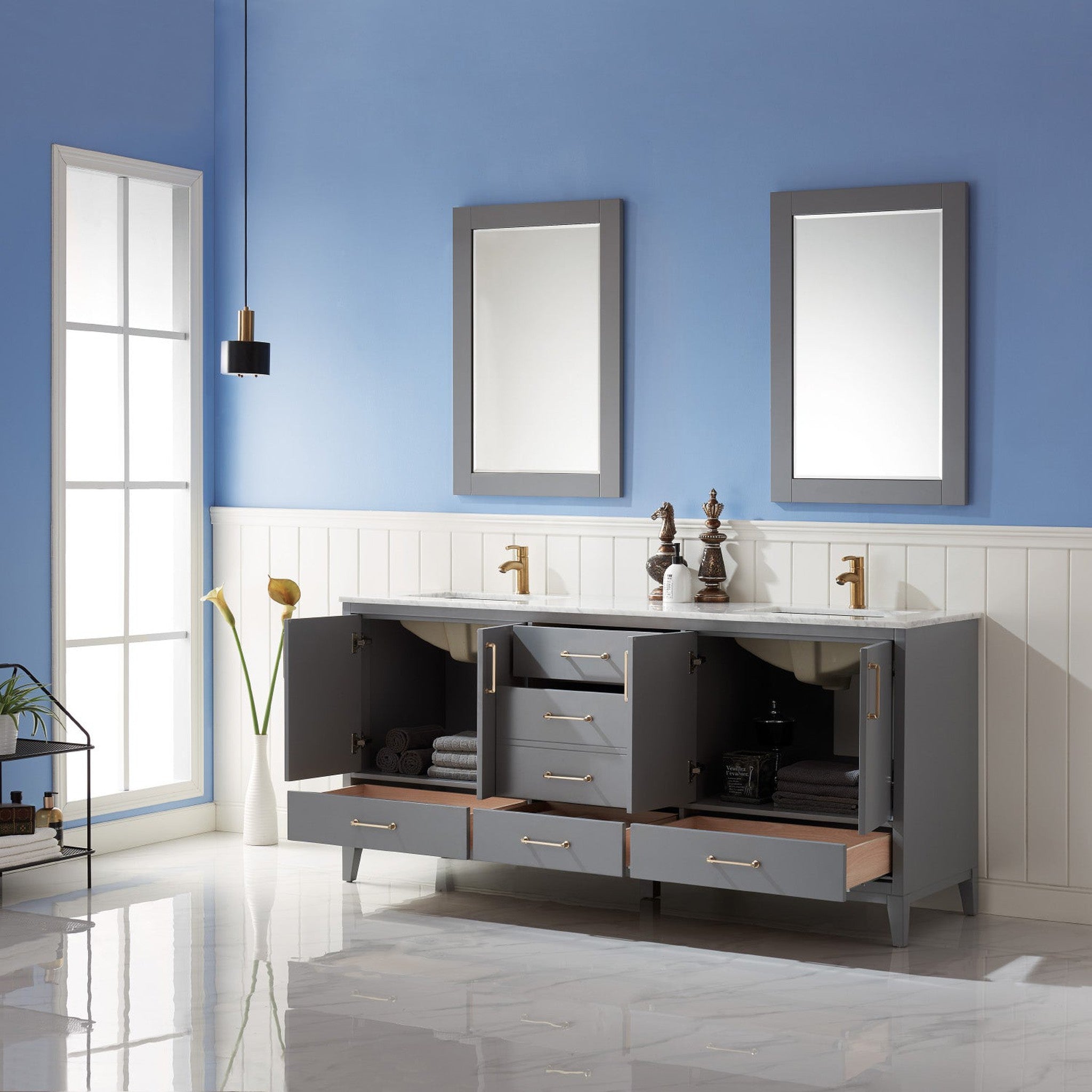 Sutton 72" Double Bathroom Vanity Set in Gray and Carrara White Marble Countertop with Mirror