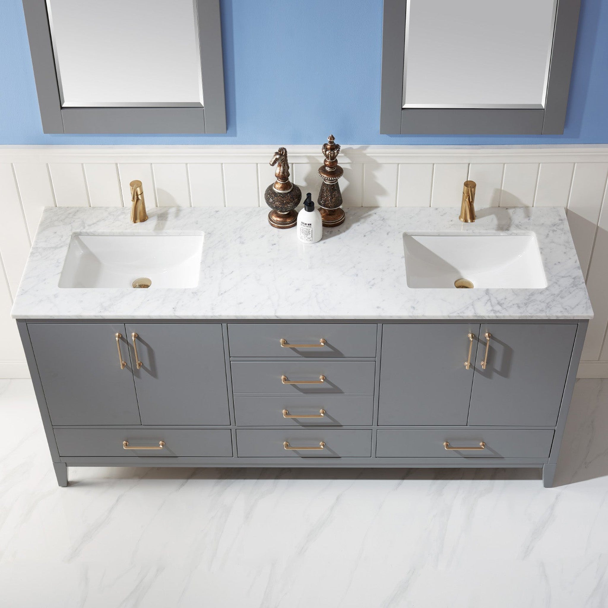 Sutton 72" Double Bathroom Vanity Set in Gray and Carrara White Marble Countertop with Mirror