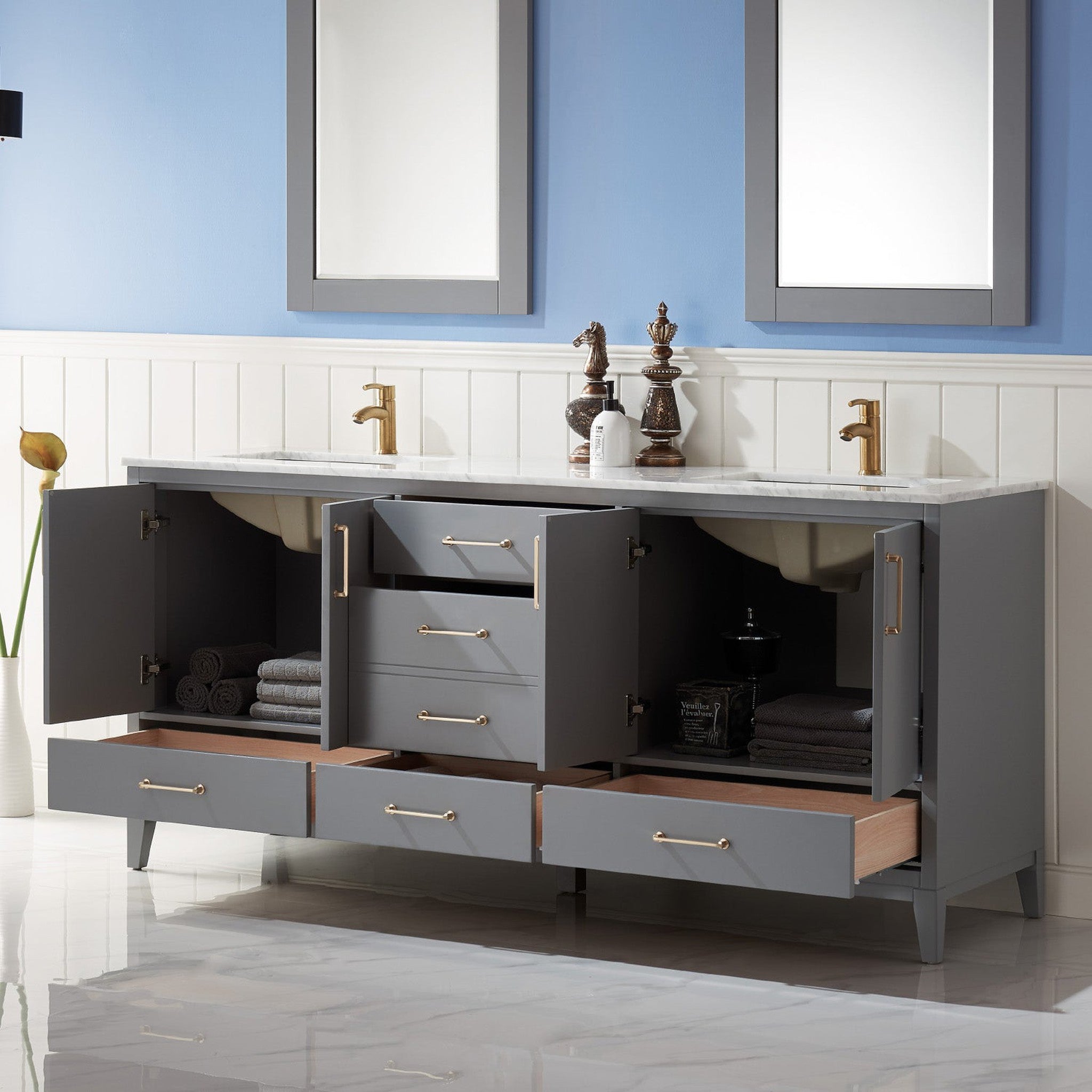 Sutton 72" Double Bathroom Vanity Set in Gray and Carrara White Marble Countertop with Mirror