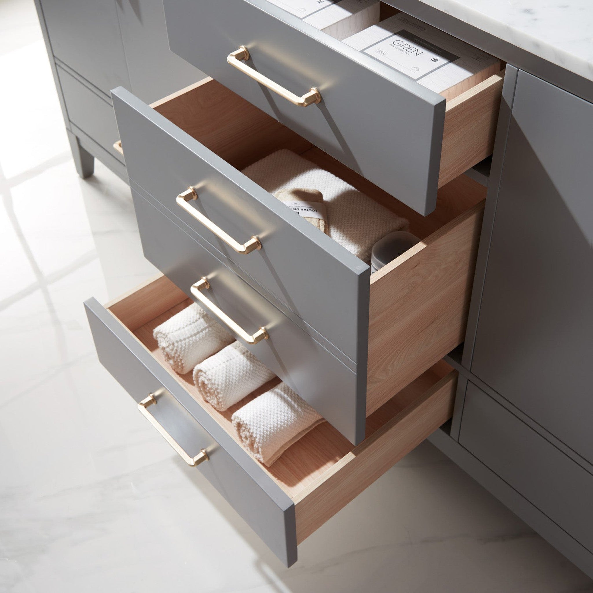 Sutton 72" Double Bathroom Vanity Set in Gray and Carrara White Marble Countertop with Mirror