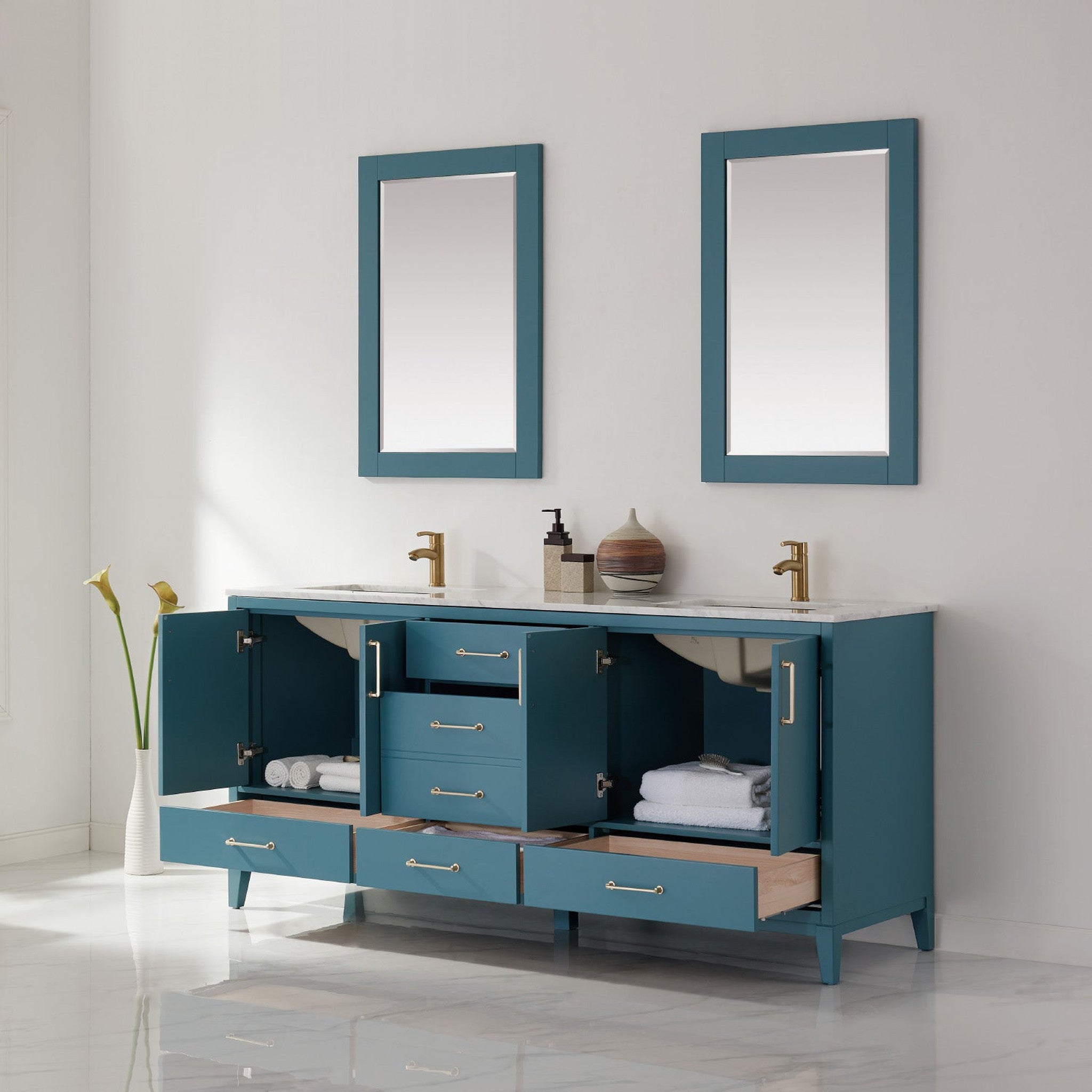 Sutton 72" Double Bathroom Vanity Set in Royal Green and Carrara White Marble Countertop with Mirror