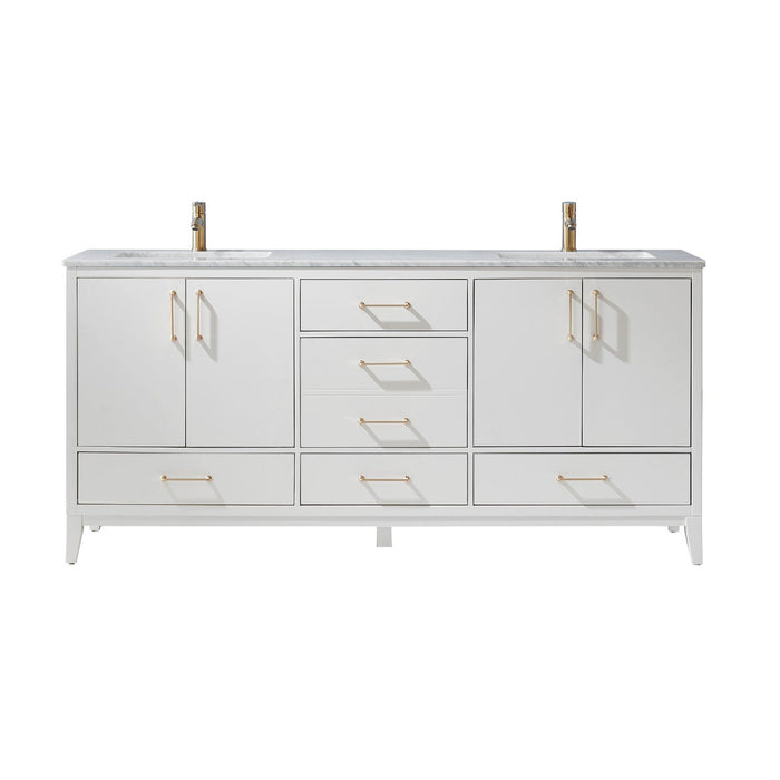 Sutton 72" Double Bathroom Vanity Set in White and Carrara White Marble Countertop without Mirror