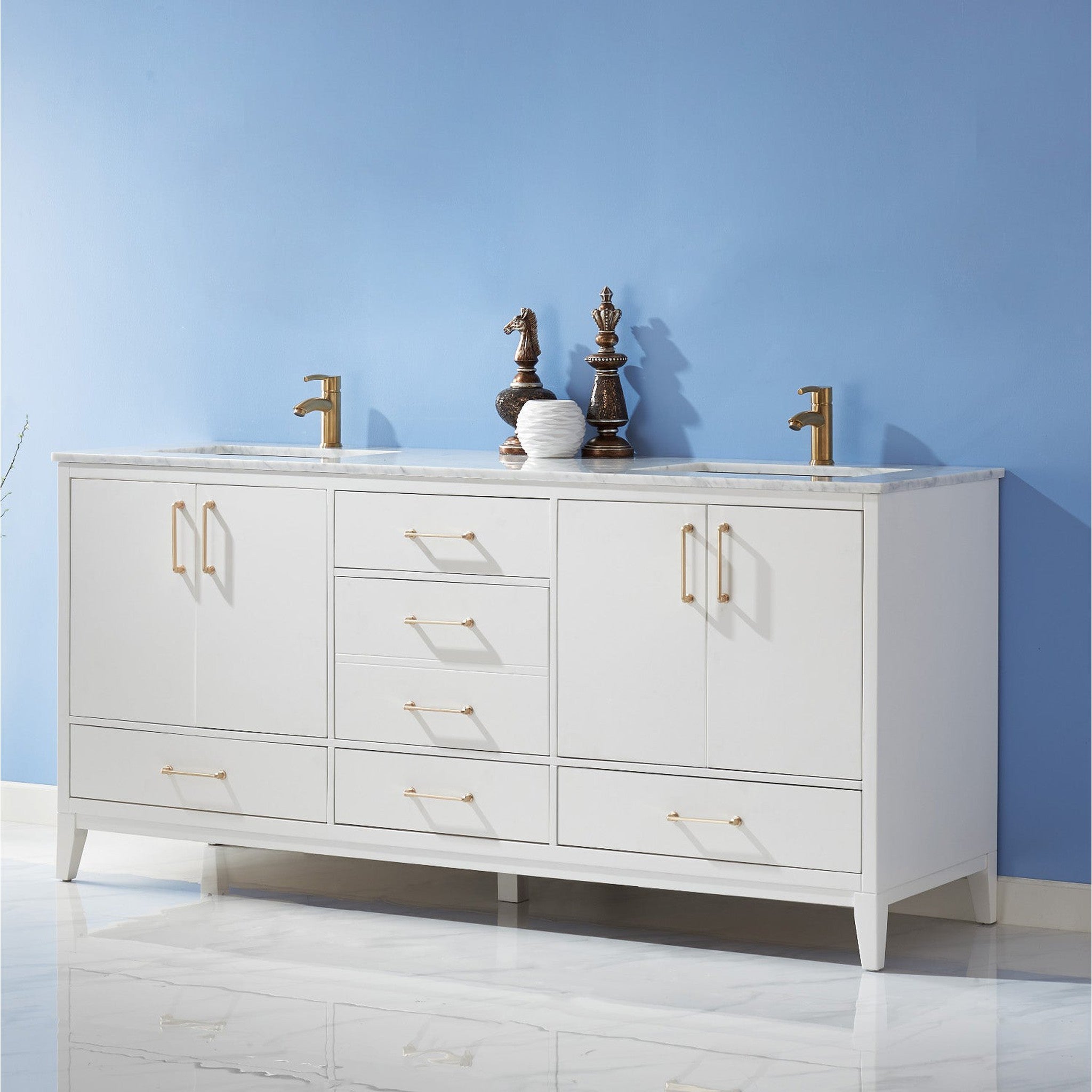 Sutton 72" Double Bathroom Vanity Set in White and Carrara White Marble Countertop without Mirror