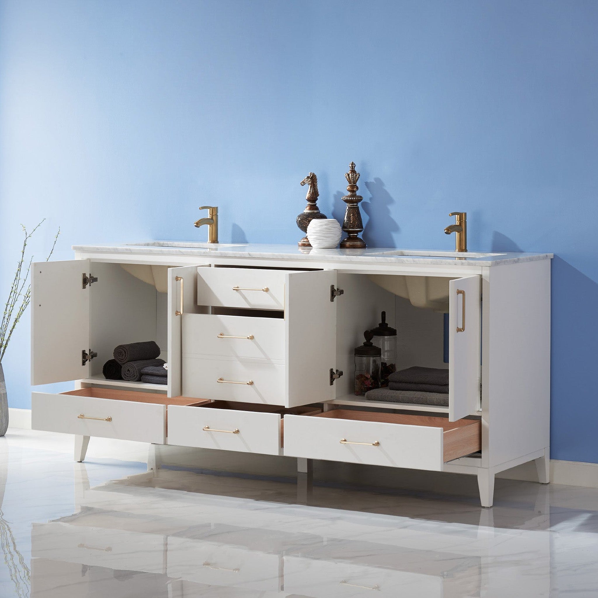Sutton 72" Double Bathroom Vanity Set in White and Carrara White Marble Countertop without Mirror