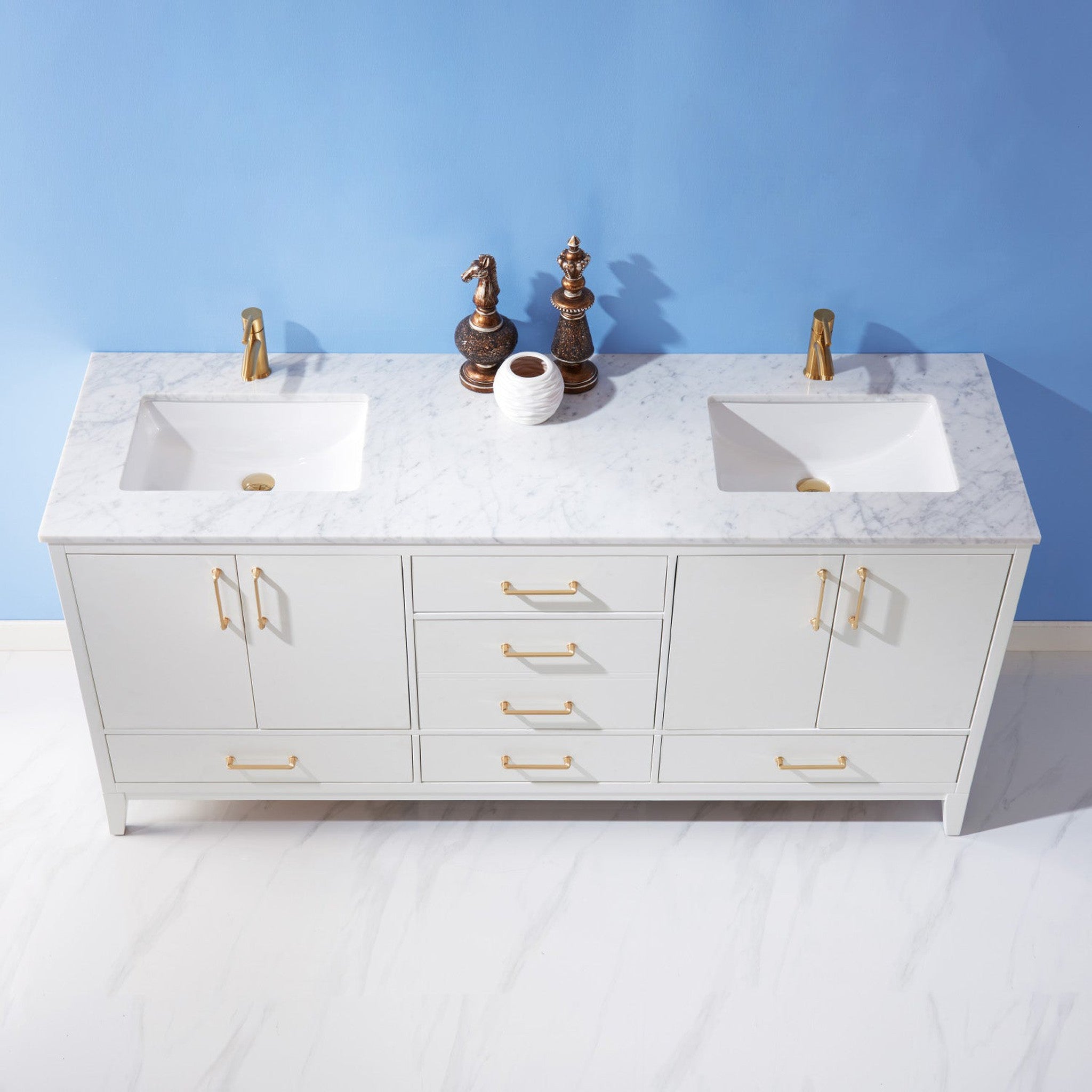Sutton 72" Double Bathroom Vanity Set in White and Carrara White Marble Countertop without Mirror