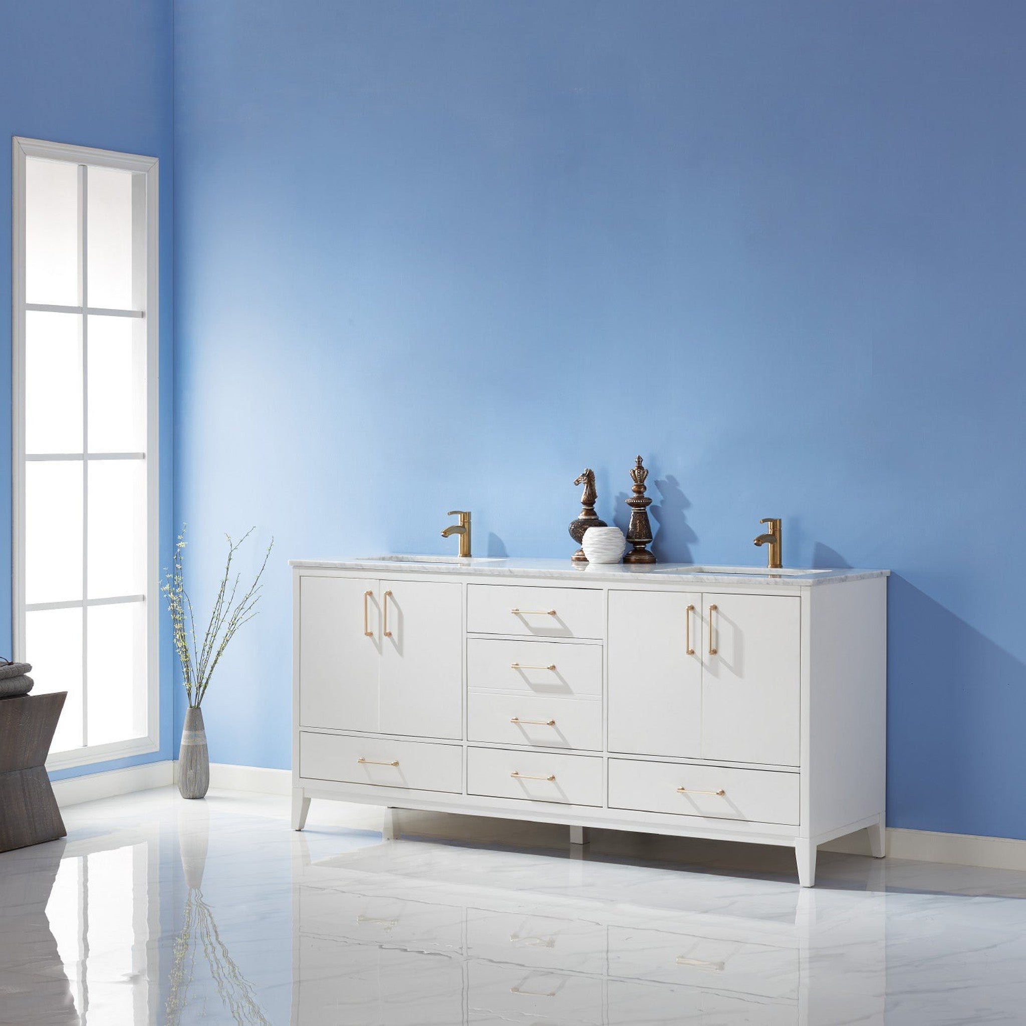 Sutton 72" Double Bathroom Vanity Set in White and Carrara White Marble Countertop without Mirror