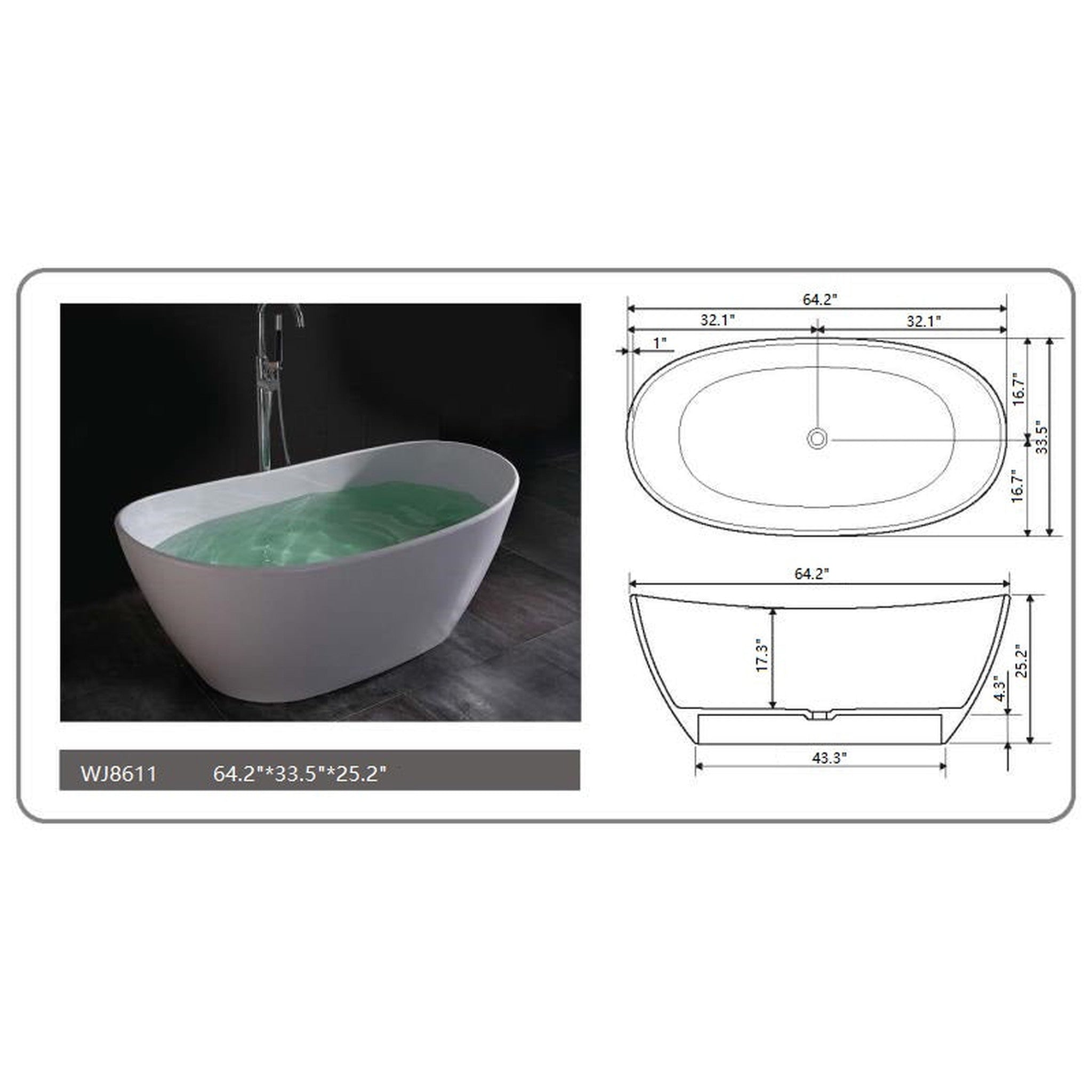 Legion Furniture 63" White Matt Solid Surface Tub - No Faucet
