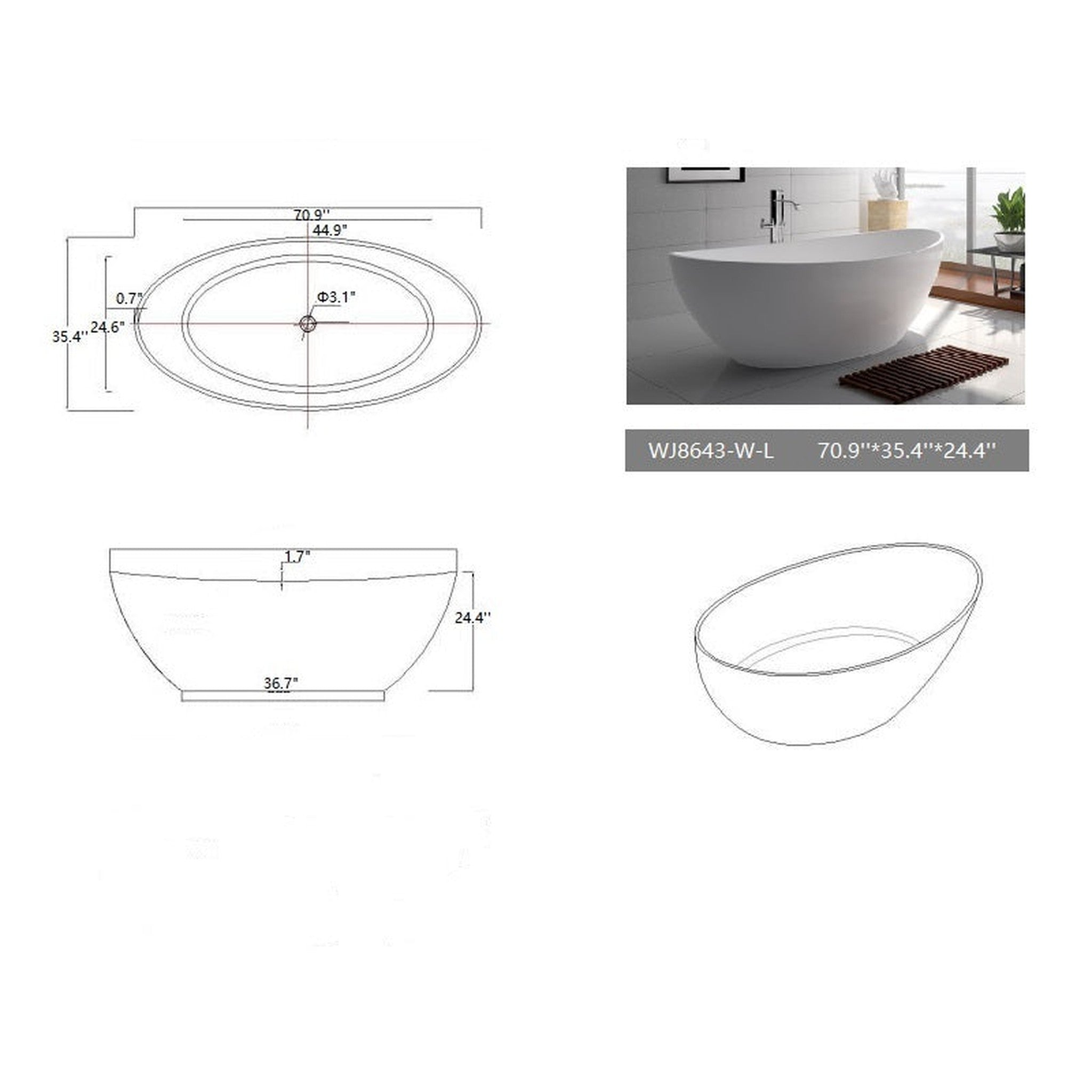 Legion Furniture 71" White Matt Solid Surface Tub - No Faucet