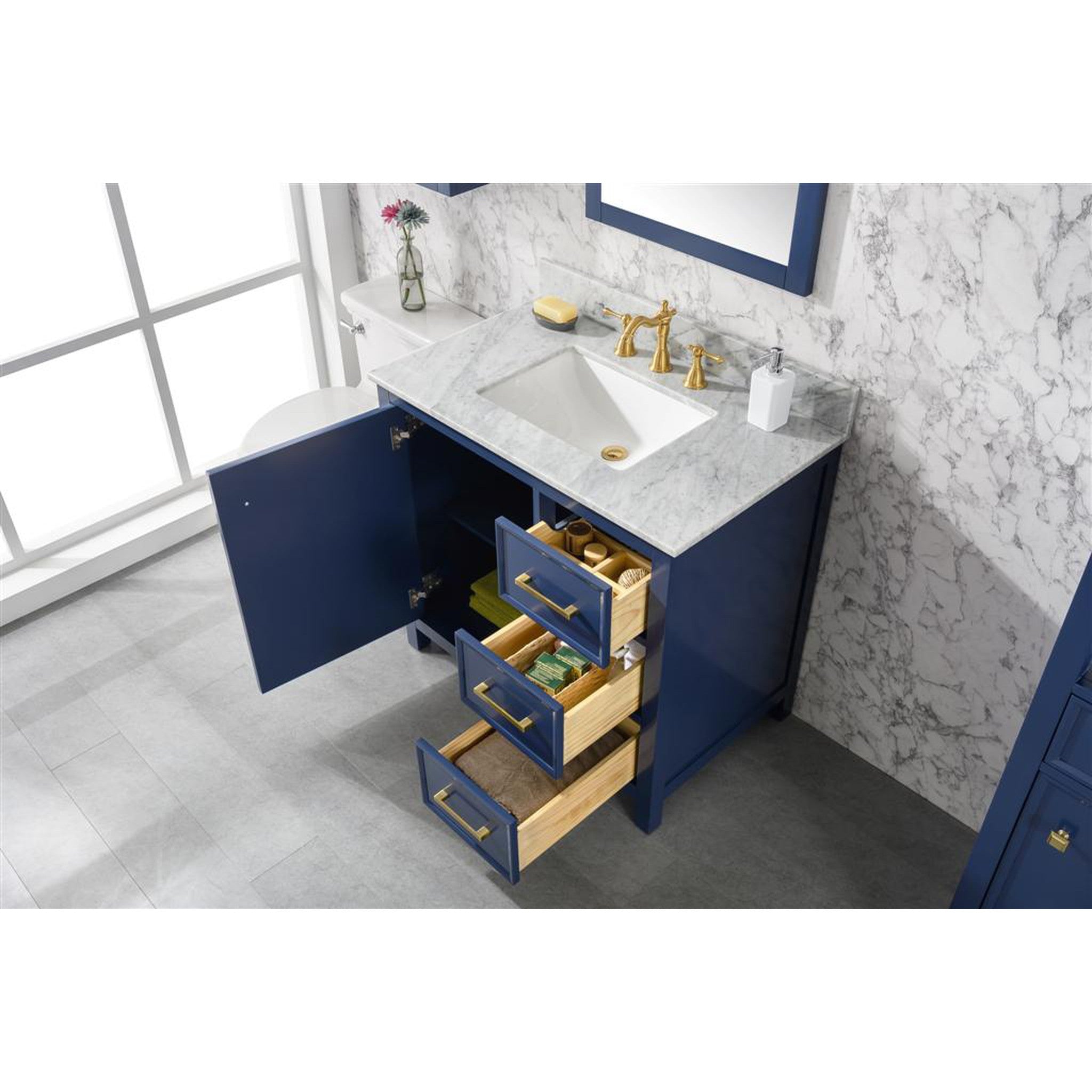 Legion Furniture WLF2136-B 36 Inch Blue Finish Sink Vanity Cabinet with Carrara White Top