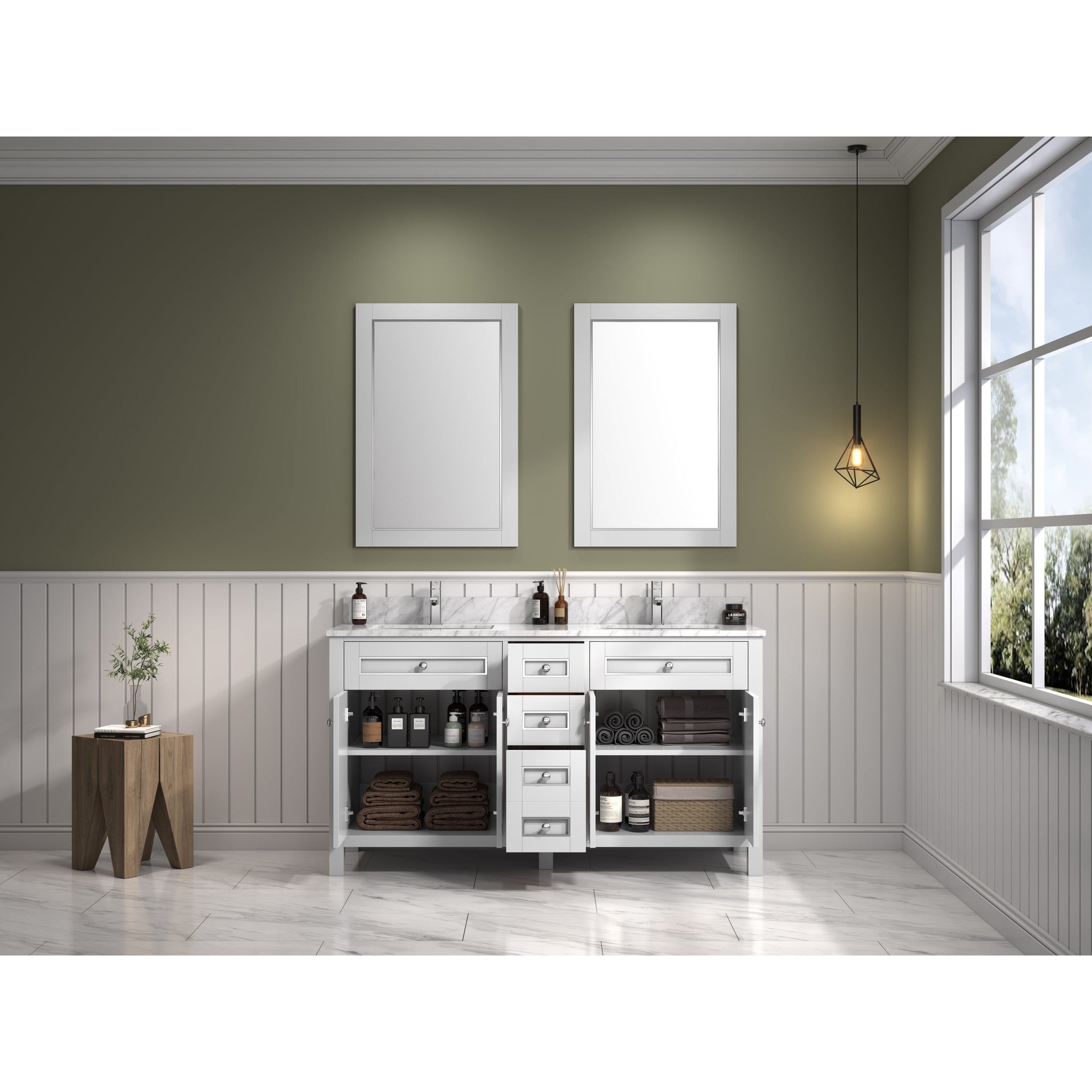 Legion Furniture 60" White Finish Sink Vanity Cabinet With Carrara White Top