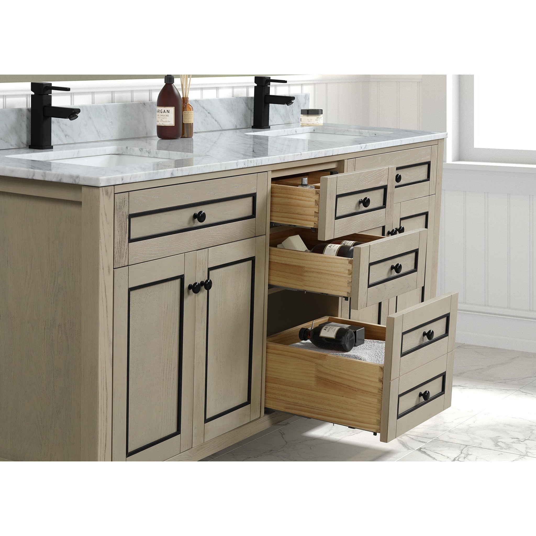 Legion Furniture 72" Light Oak Finish Sink Vanity Cabinet With Carrara White Top