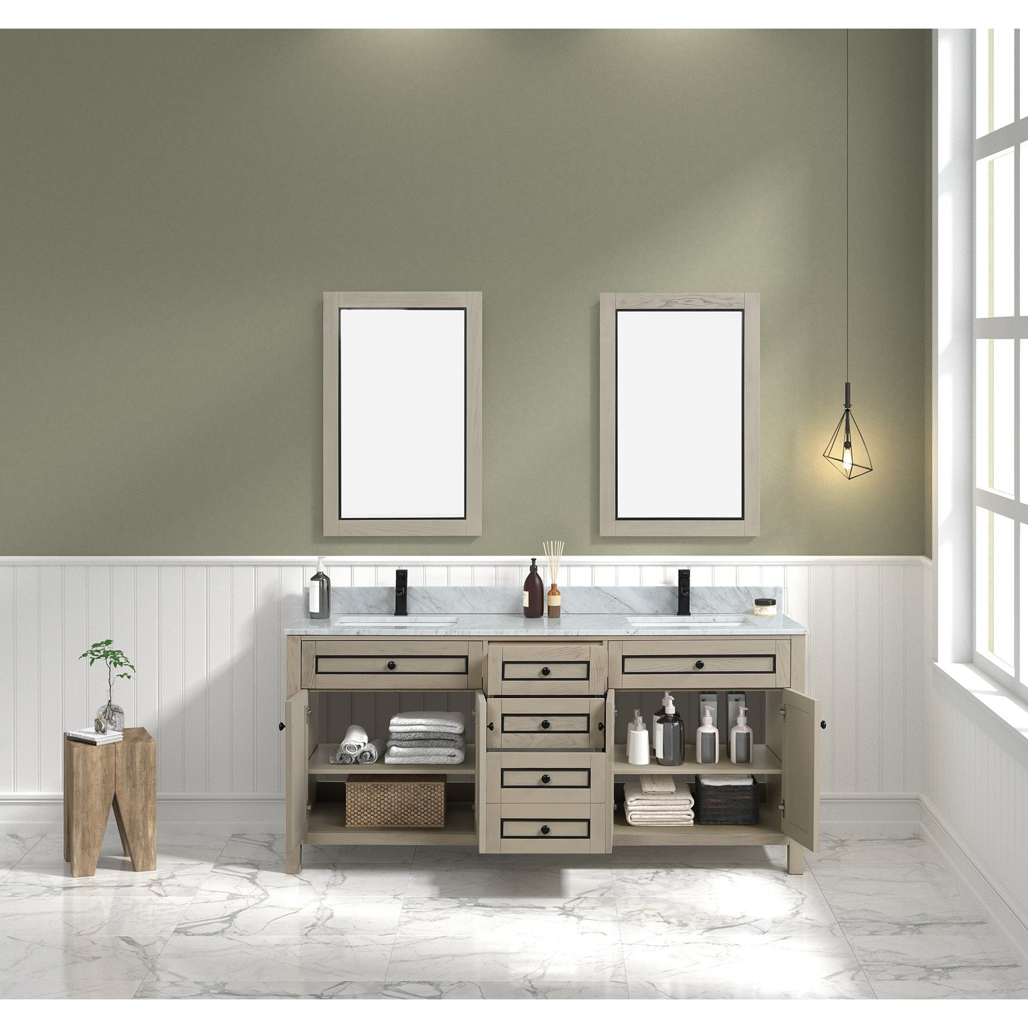 Legion Furniture 72" Light Oak Finish Sink Vanity Cabinet With Carrara White Top