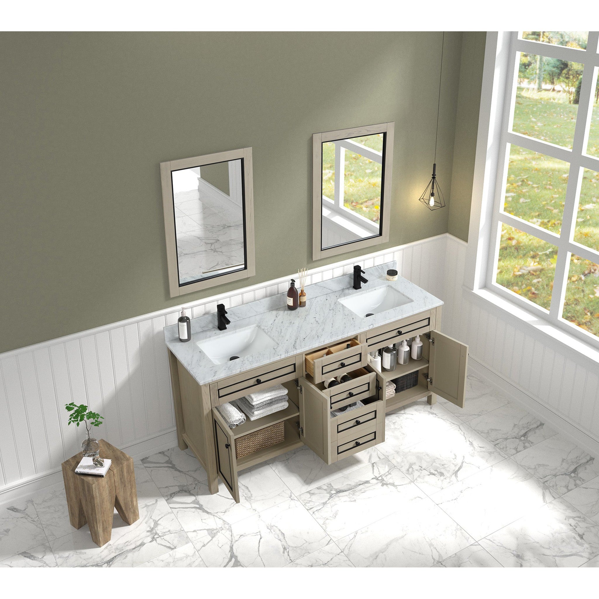 Legion Furniture 72" Light Oak Finish Sink Vanity Cabinet With Carrara White Top