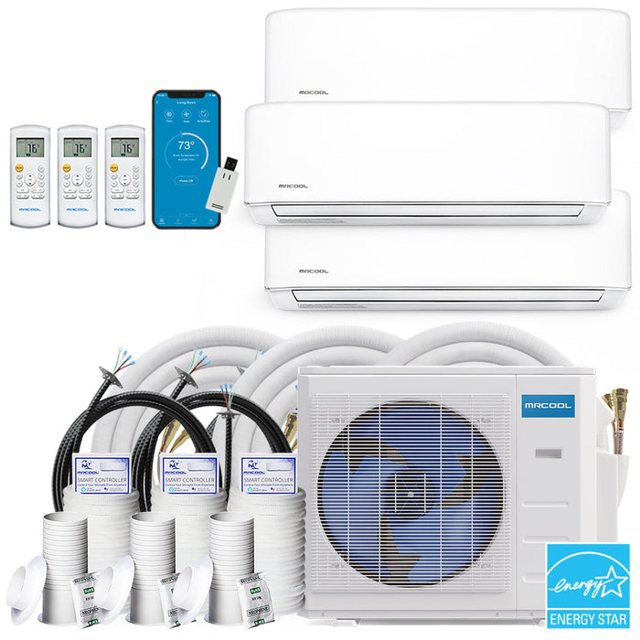 MRCOOL DIY 4th Gen 36K BTU 3-Zone Condenser with 9K+9K+18K handlers, 16ft, 25ft, and 35ft linesets Bundle