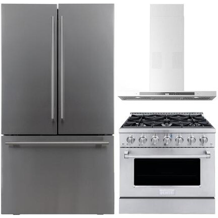 3 Piece Kitchen Appliances Package with French Door Refrigerator, Gas Range and Wall Mount Convertible Hood in Stainless Steel