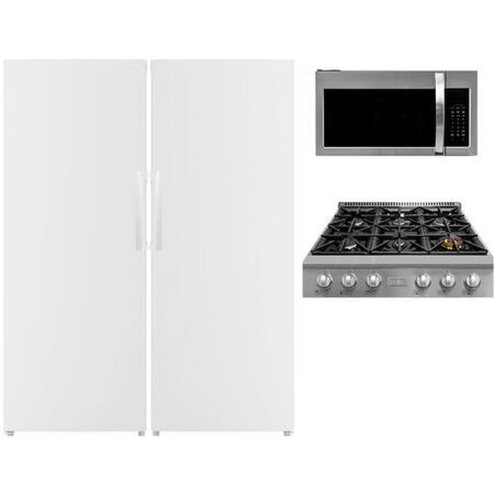 Forte 4 Piece Kitchen Appliances Package with F14ARESWW 28" Refrigerator, F14UFESWW 28" Freezer, FGRT366 36" Gas Rangetop, F3015MVC5SS 30" Over the Range Convection Microwave in White