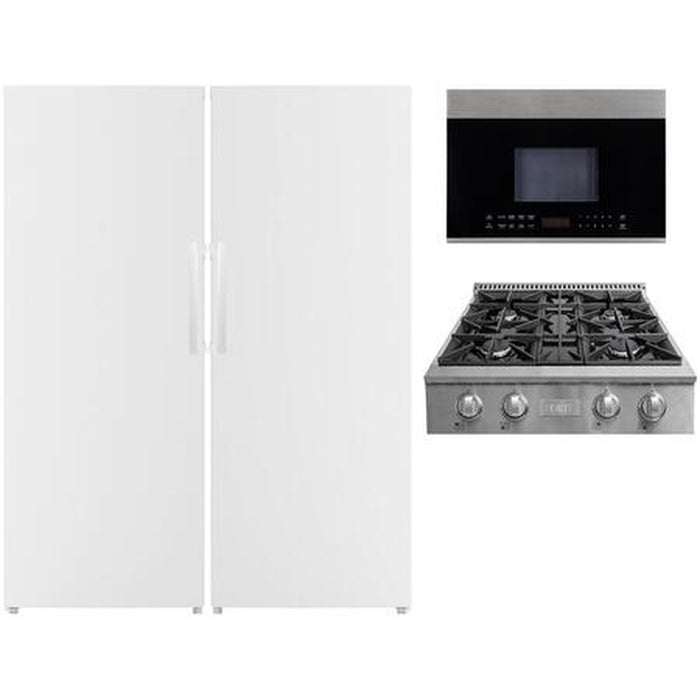 Forte 4 Piece Kitchen Appliances Package with F14ARESWW 28" Refrigerator, F14UFESWW 28" Freezer, FGRT304 30" Gas Rangetop, F2413MV5SS 24" Over the Range Microwave in White
