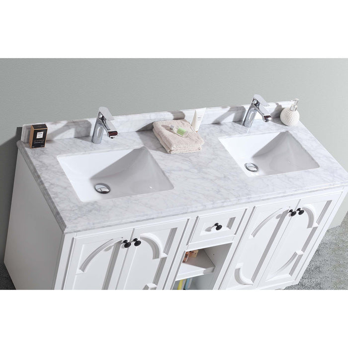 Odyssey 60" White Double Sink Bathroom Vanity with White Carrara Marble Countertop
