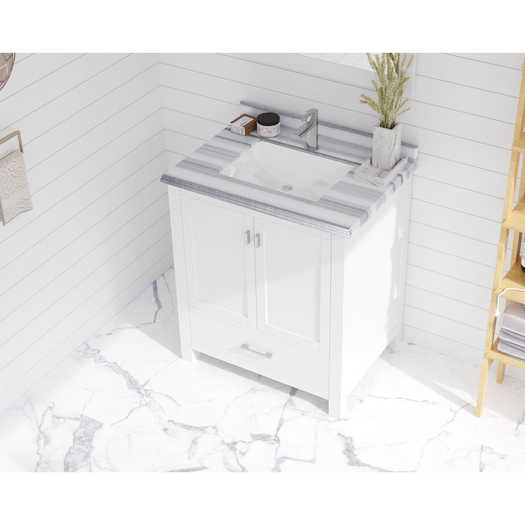 Wilson 30" White Bathroom Vanity with White Stripes Marble Countertop