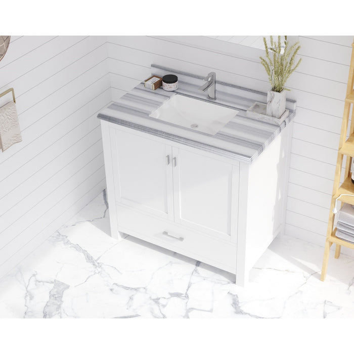 Wilson 36" White Bathroom Vanity with White Stripes Marble Countertop