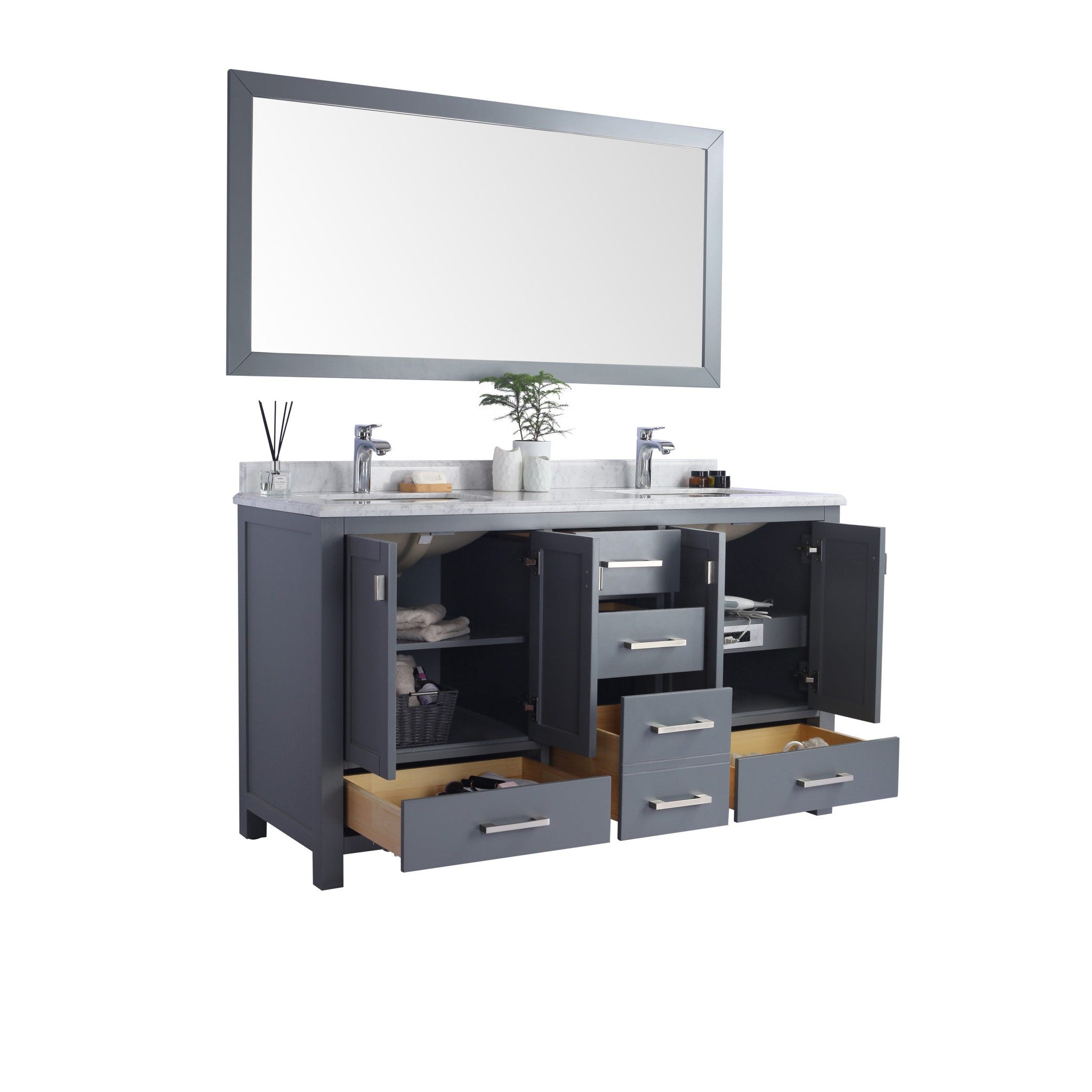 Wilson 60" Grey Double Sink Bathroom Vanity with White Carrara Marble Countertop