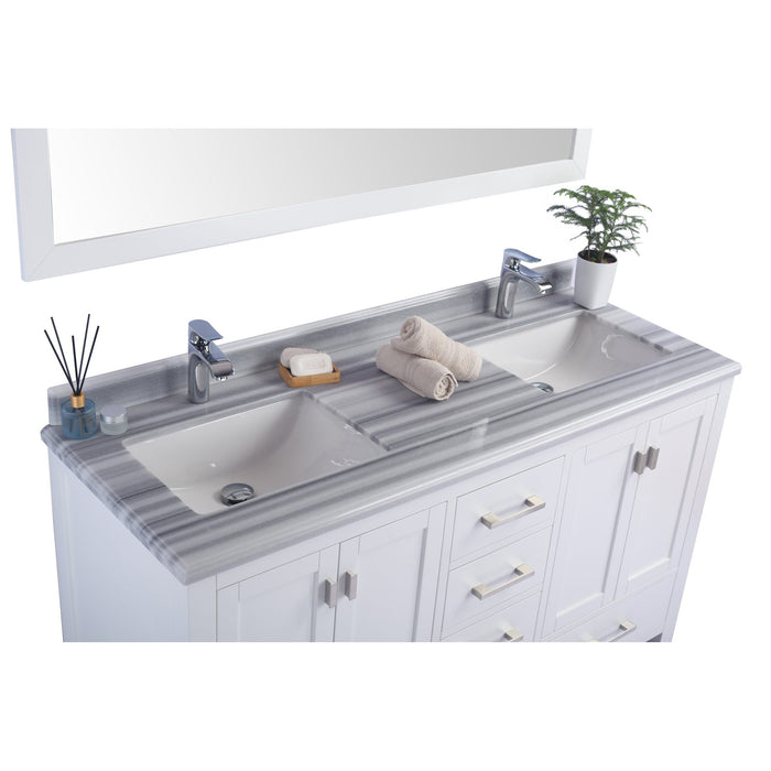 Wilson 60" White Double Sink Bathroom Vanity with White Stripes Marble Countertop