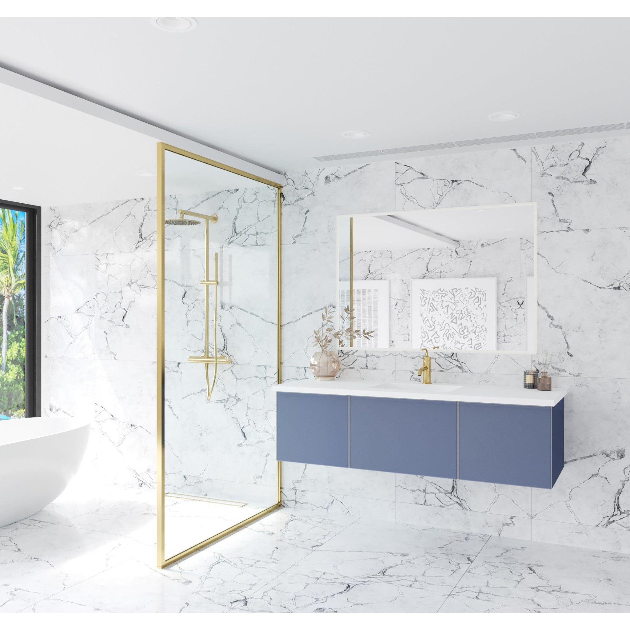 Vitri 60" Nautical Blue Single Sink Bathroom Vanity with VIVA Stone Matte White Solid Surface Countertop