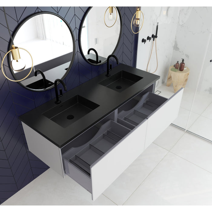 Vitri 60" Cloud White Double Sink Bathroom Vanity with VIVA Stone Matte Black Solid Surface Countertop