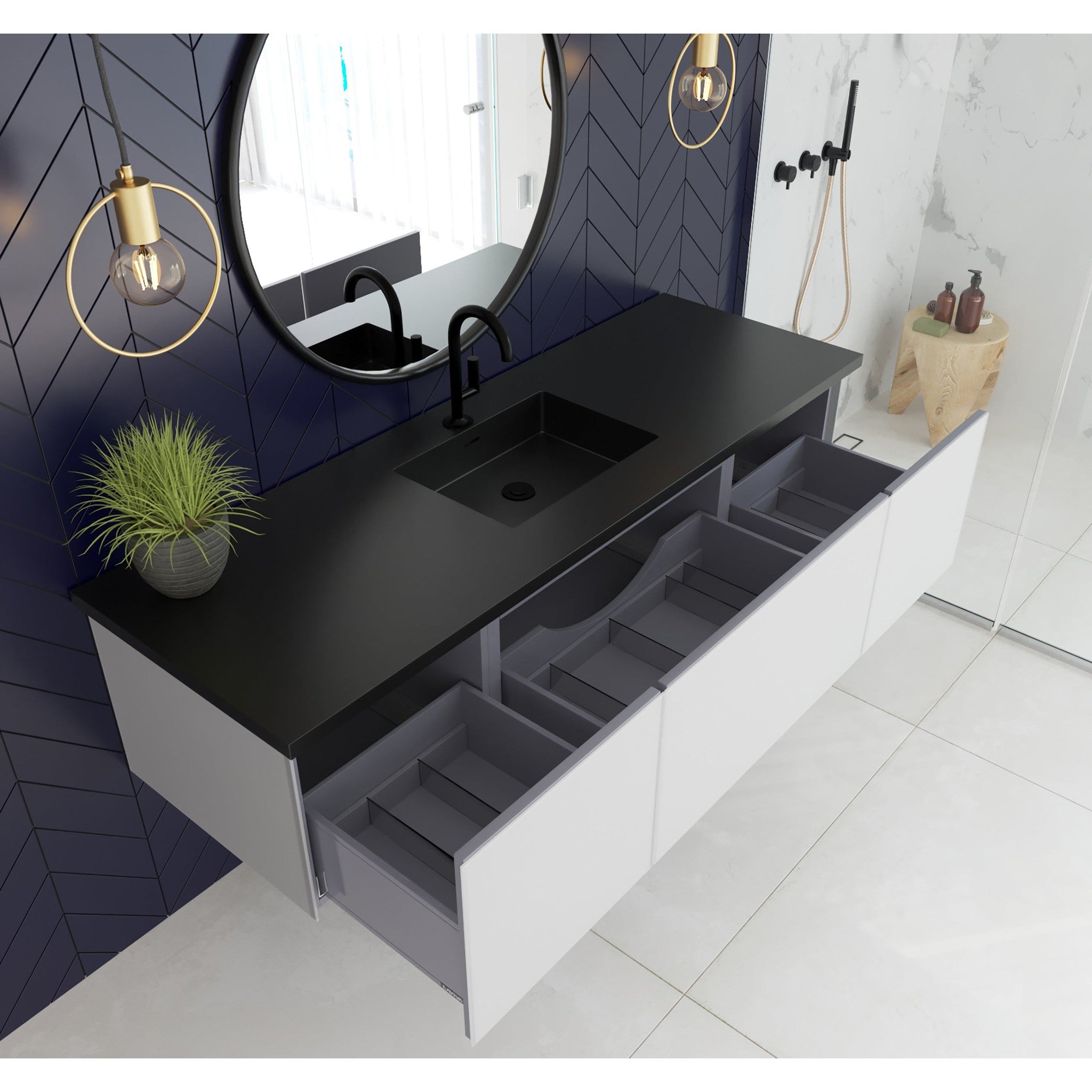 Vitri 66" Cloud White Single Sink Bathroom Vanity with VIVA Stone Matte Black Solid Surface Countertop