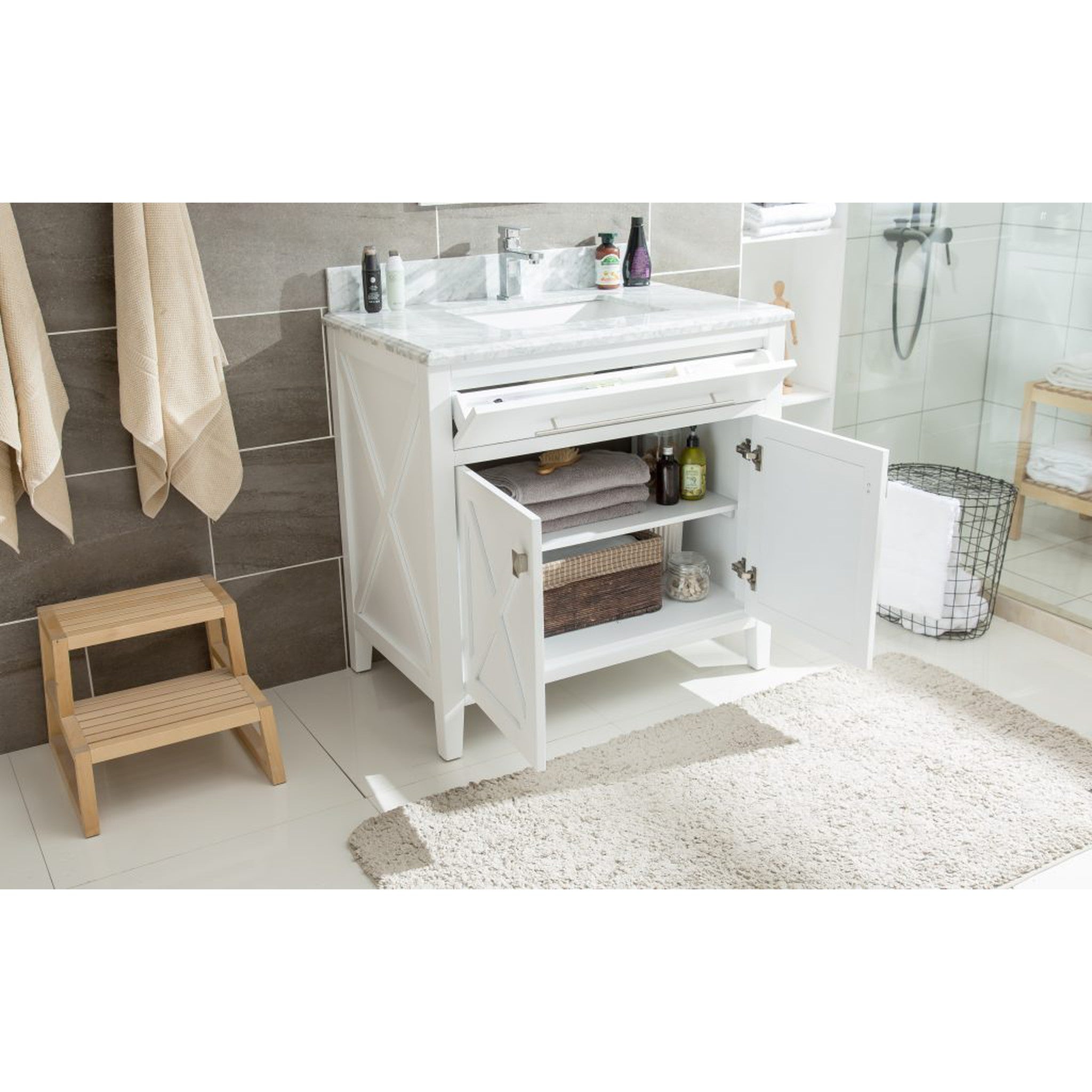 Wimbledon 36" White Bathroom Vanity with Black Wood Marble Countertop