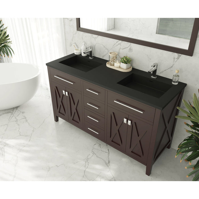 Wimbledon 60" Brown Double Sink Bathroom Vanity with Matte Black VIVA Stone Solid Surface Countertop