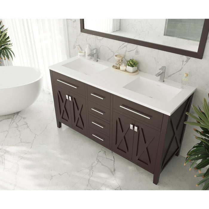 Wimbledon 60" Brown Double Sink Bathroom Vanity with Matte White VIVA Stone Solid Surface Countertop