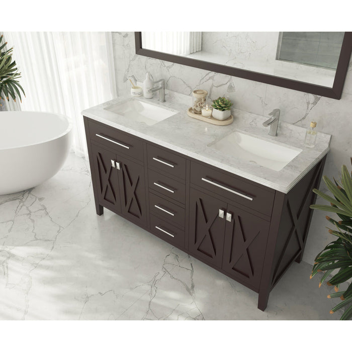 Wimbledon 60" Brown Double Sink Bathroom Vanity with White Carrara Marble Countertop