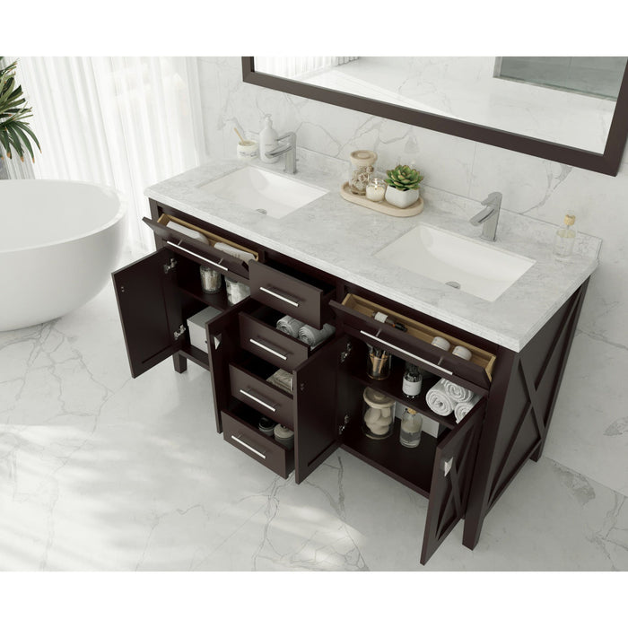 Wimbledon 60" Brown Double Sink Bathroom Vanity with White Carrara Marble Countertop