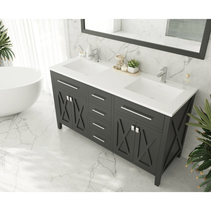 Wimbledon 60" Espresso Double Sink Bathroom Vanity with Matte White VIVA Stone Solid Surface Countertop