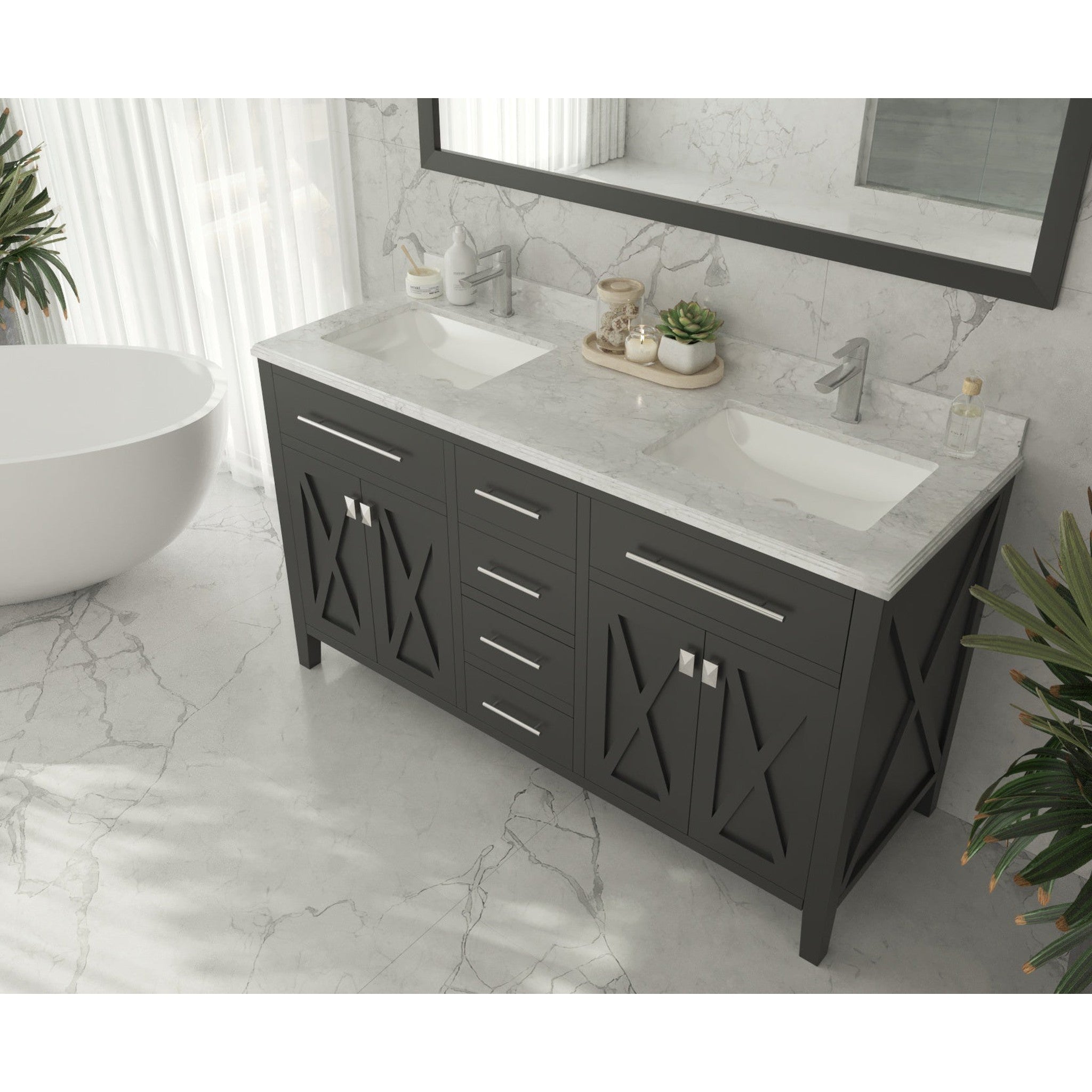 Wimbledon 60" Espresso Double Sink Bathroom Vanity with White Carrara Marble Countertop