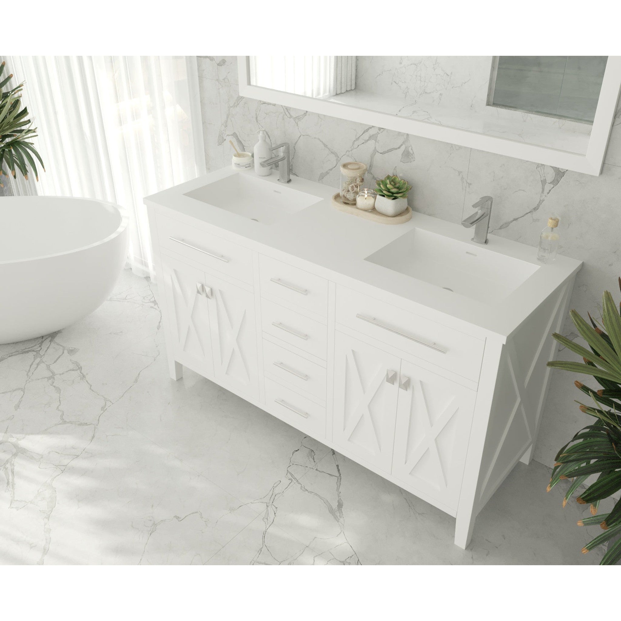 Wimbledon 60" White Double Sink Bathroom Vanity with Matte White VIVA Stone Solid Surface Countertop