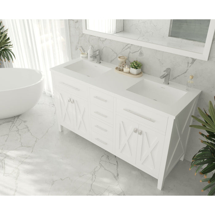 Wimbledon 60" White Double Sink Bathroom Vanity with Matte White VIVA Stone Solid Surface Countertop