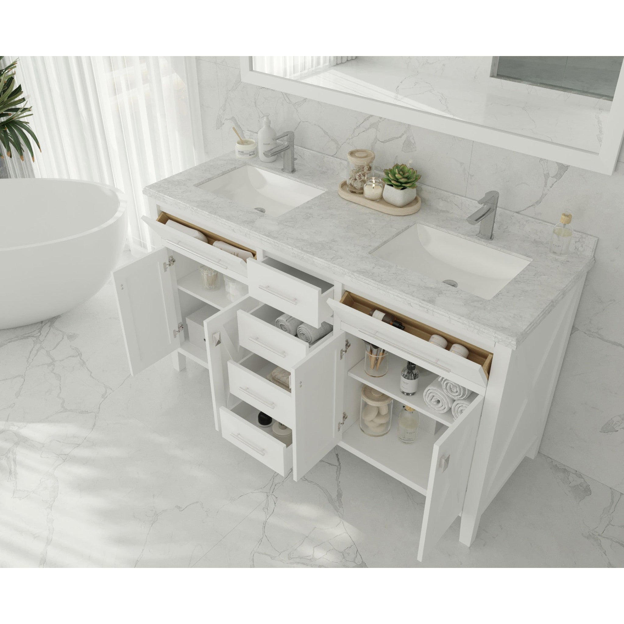 Wimbledon 60" White Double Sink Bathroom Vanity with White Stripes Marble Countertop