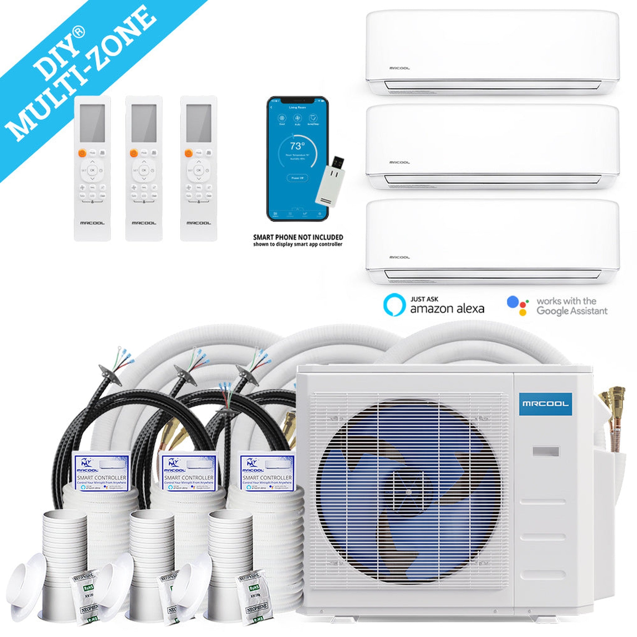 MRCOOL DIY 4th Gen 27K BTU 3-Zone Condenser with 9K+9K+12K handlers, 1 x 16ft, 1 x 35ft, and 1 x 75ft linesets Bundle