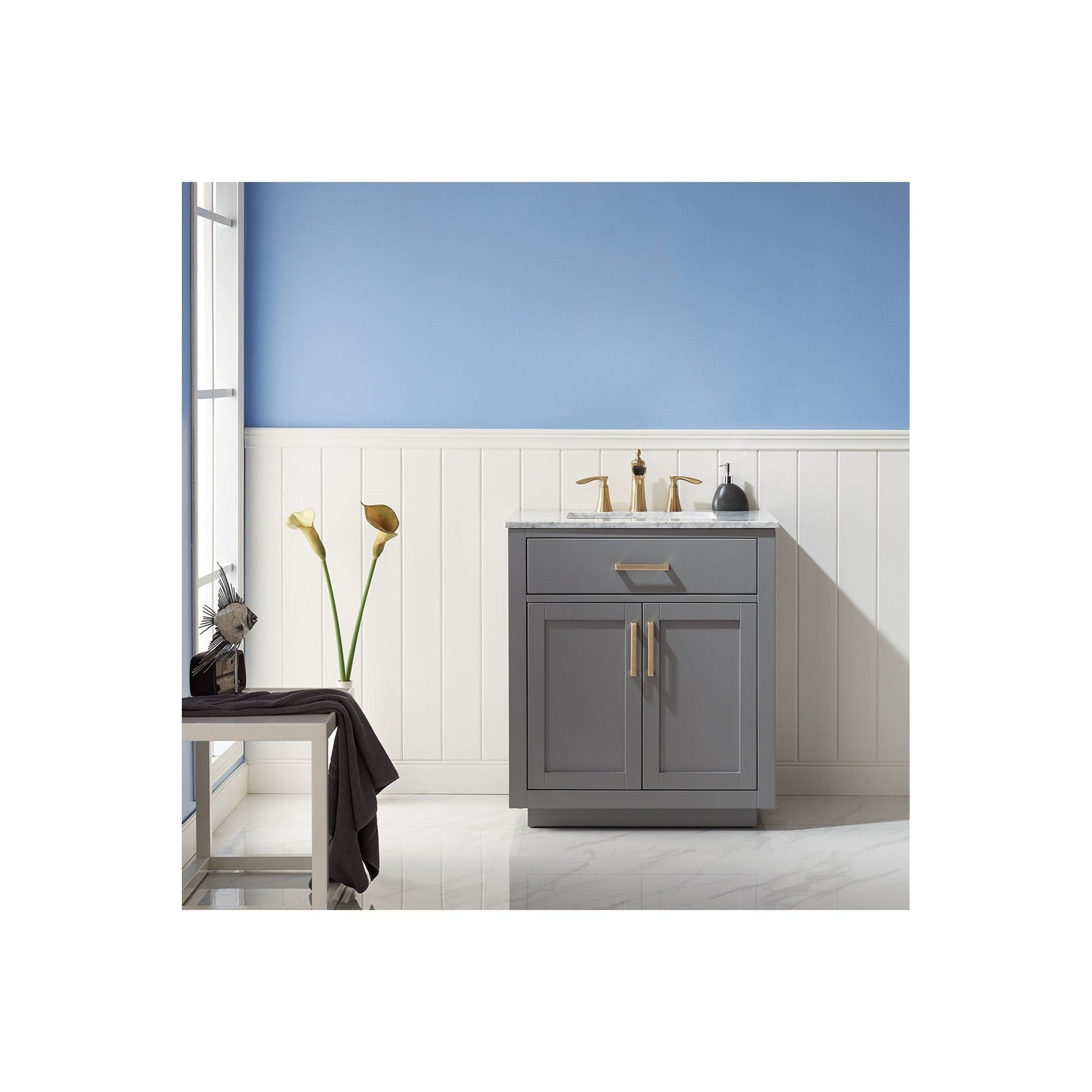 Ivy 30" Single Bathroom Vanity Set in Gray and Carrara White Marble Countertop without Mirror