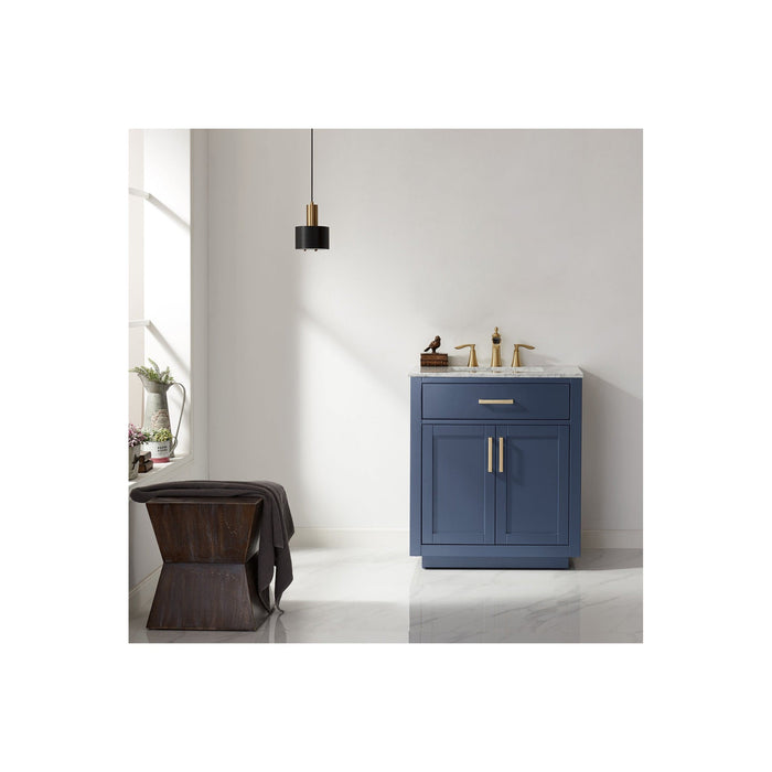 Ivy 30" Single Bathroom Vanity Set in Royal Blue and Carrara White Marble Countertop without Mirror