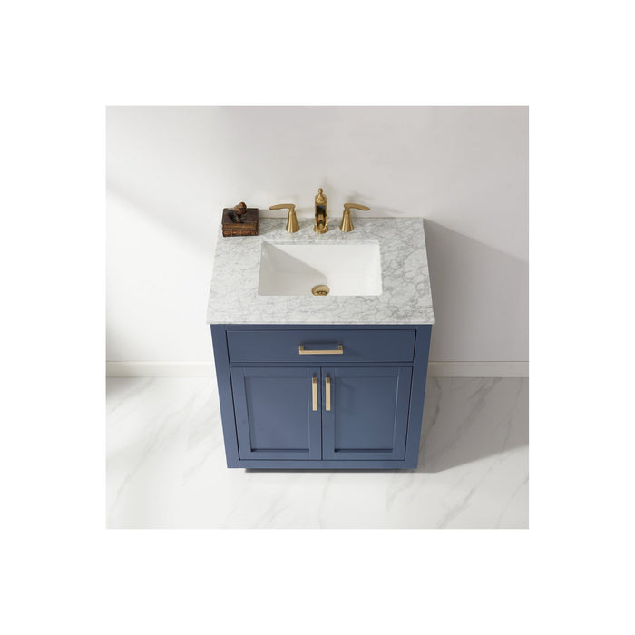 Ivy 30" Single Bathroom Vanity Set in Royal Blue and Carrara White Marble Countertop without Mirror