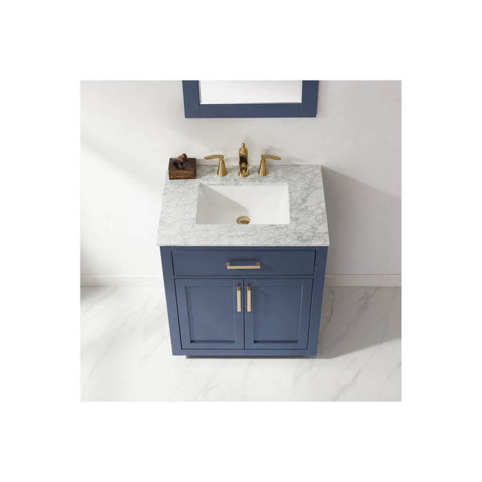Ivy 30" Single Bathroom Vanity Set in Royal Blue and Carrara White Marble Countertop with Mirror