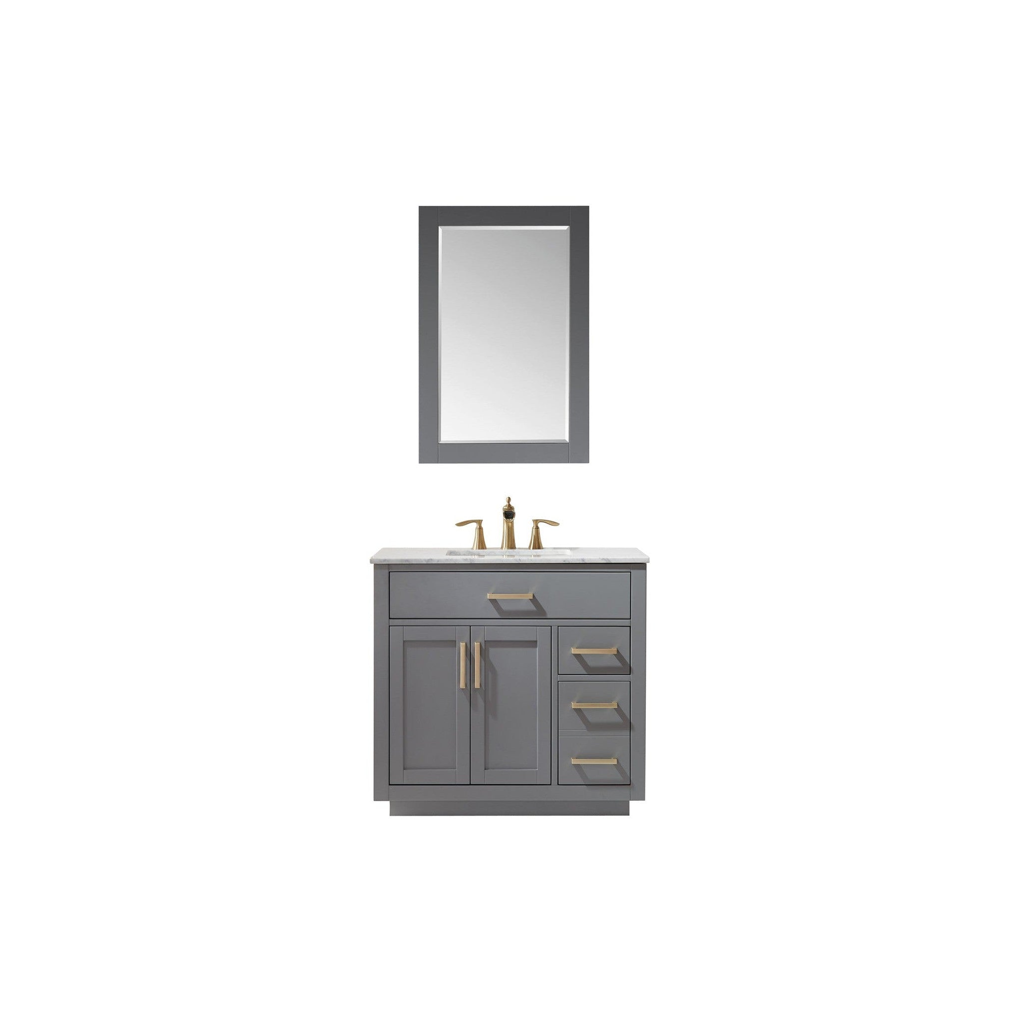 Ivy 36" Single Bathroom Vanity Set in Gray and Carrara White Marble Countertop with Mirror